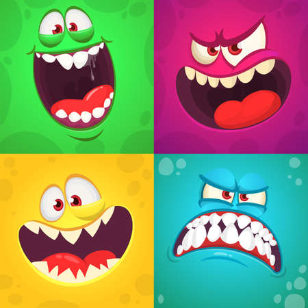 Cartoon monster faces set. Vector collection of four Halloween monster avatars with different face expressionsのイラスト素材