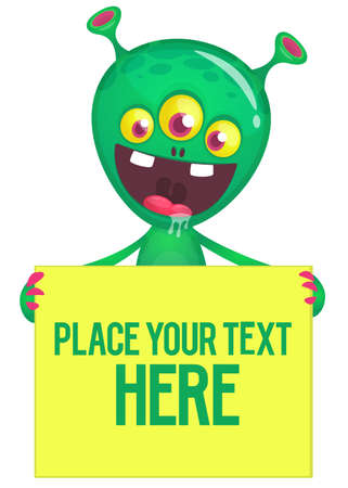 Catoon alien holding blank sign with sample text. Vector illustrationのイラスト素材