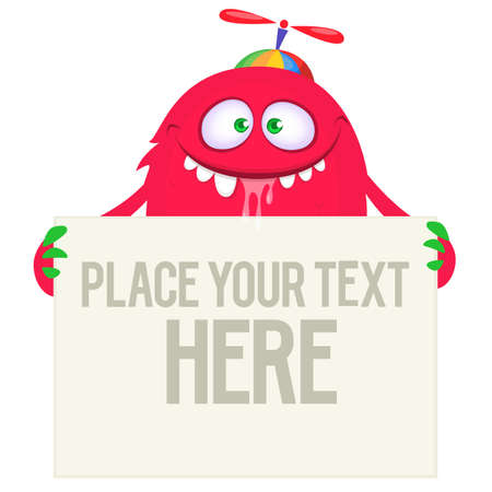 Catoon alien holding blank sign with sample text. Vector illustrationのイラスト素材