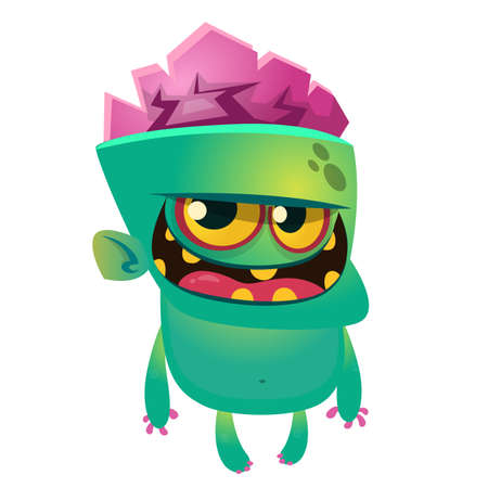 Cartoon funny green zombie. Halloween vector illustration of zombie creature.のイラスト素材