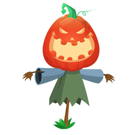 Halloween scarecrow with pumpkin head. Cartoon pumpkin monster with smiling expression. Jack-o-lanternのイラスト素材
