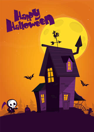 Cartoon haunted old house with the moon in background. Vector illustration isolatedのイラスト素材