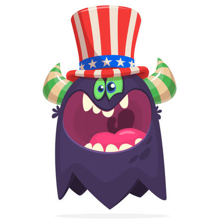 Cartoon funny monster wearing American uncle Sam hat on USA Independence Day. Vector illustration of alien creature character. Design for print, poster or invitation to 4th of July holidayのイラスト素材