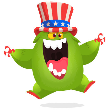 Cartoon funny monster wearing American uncle Sam hat on USA Independence Day. Vector illustration of alien creature character. Design for print, poster or invitation to 4th of July holidayのイラスト素材