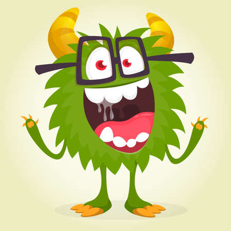 Cartoon green monster nerd wearing glasses. Vector illustration isolatedのイラスト素材
