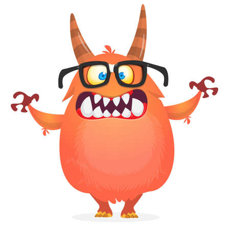 Funny cartoon smiling furry monster character. Illustration of cute and happy mythical alien creature. Great for party decoration, poster or package designのイラスト素材