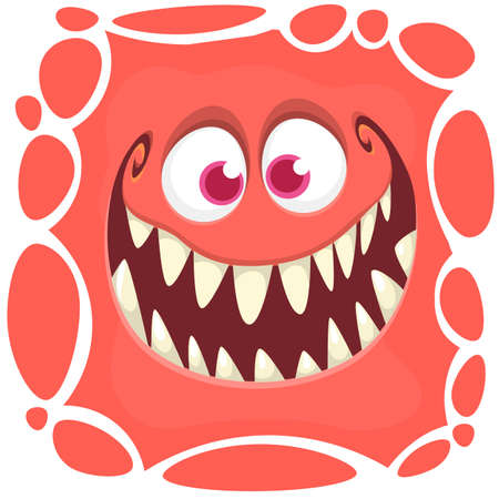 Funny cartoon monster face smiling emotion. Illustration of cute and happy mythical alien creature with laughing expressionのイラスト素材