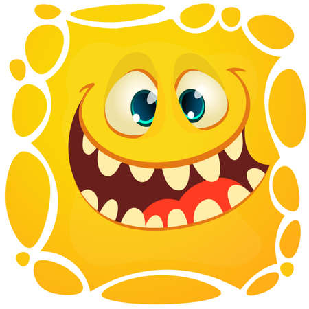 Funny cartoon monster face smiling emotion. Illustration of cute and happy mythical alien creature with laughing expressionのイラスト素材