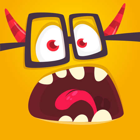 Funny cartoon nerd monster face wearing eyeglasses. Illustration of cute and happy mythical alien creature expression. Great for package designのイラスト素材