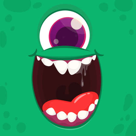 Funny cartoon monster cyclops face with one eye. Illustration of cute and happy mythical alien creature expressionのイラスト素材