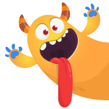 Funny cartoon monster character pop up and showing tongue. Illustration of happy mythical alien creature. Halloween party design. Vector isolatedのイラスト素材
