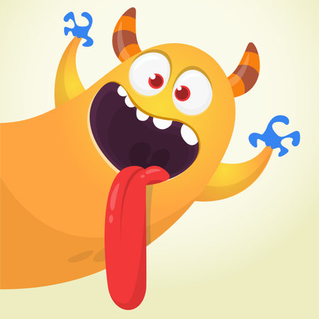 Funny cartoon monster character pop up and showing tongue. Illustration of happy mythical alien creature. Halloween party design. Vector isolatedのイラスト素材