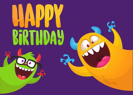 Funny cartoon monster characters set card for birthday party. Illustration of happy alien creatures. Package or invitation design. Vector isolatedのイラスト素材