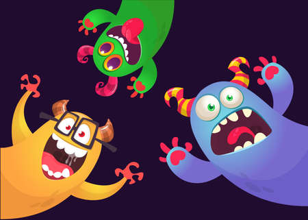 Funny cartoon monster characters set card for birthday party. Illustration of happy alien creatures. Package or invitation design. Vector isolatedのイラスト素材