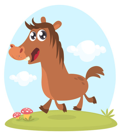 Illustration of purebred chestnut horse. cartoon horse characterのイラスト素材