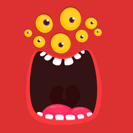 Funny cartoon monster face. Illustration of cute and happy alien creature expression. Halloween design. Great for party decoration or package designのイラスト素材