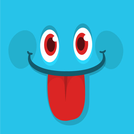 Funny cartoon monster face shwing tongue. Illustration of cute and happy alien creature expression. Halloween design. Great for party decoration or package designのイラスト素材