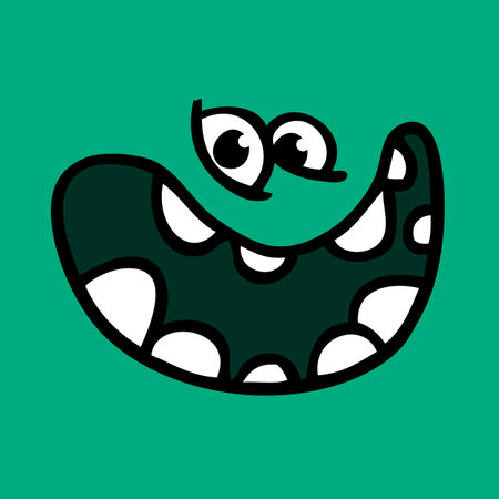 Funny cartoon monster face. Illustration of cute and happy alien creature expression. Halloween design. Great for party decoration or package designのイラスト素材