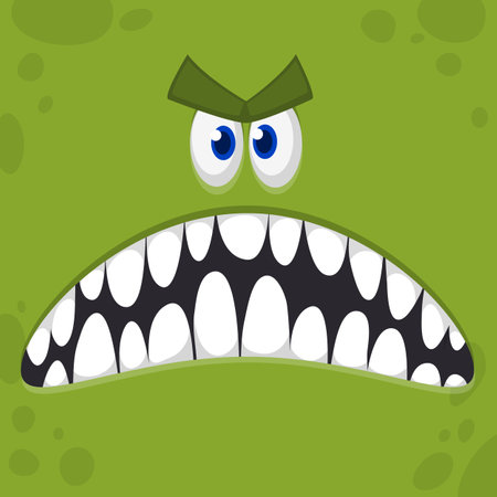 Funny cartoon monster face. Illustration of cute and happy alien creature expression. Halloween design. Great for party decoration or package designのイラスト素材