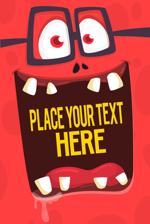 Cartoon monster face with funny expression opened mouth  blank space  banner for text. Vector illustration. Isolated. Halloween design element for banner, postcard, poster, package or decorationのイラスト素材