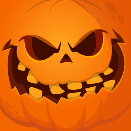 Cartoon funny  Halloween pumpkin head with scary face expression. Vector illustration of jack-o-lantern monster character design with carved emotion isolatedのイラスト素材