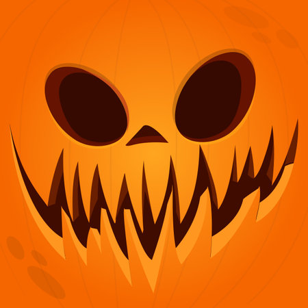 Cartoon funny  Halloween pumpkin head with scary face expression. Vector illustration of jack-o-lantern monster character design with carved emotion isolatedのイラスト素材