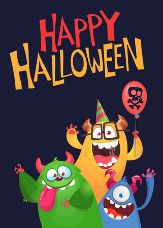 Happy Halloween greeting card with funny cartoon monster group. Vector illustration.のイラスト素材