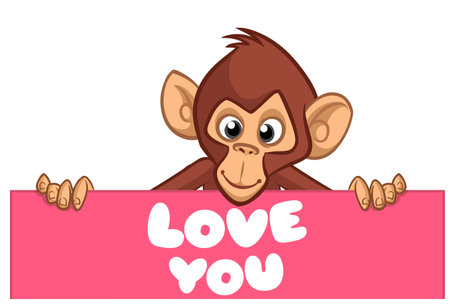 Cartoon monkey chimpanzee holding placard with i love you title. Vector illustration of happy monkey characterのイラスト素材