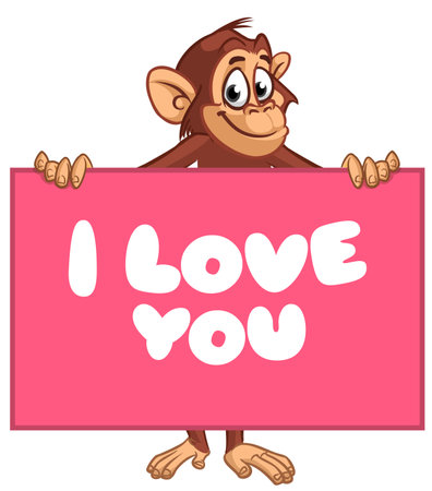 Cartoon monkey chimpanzee holding placard with i love you title for St Valentine's greetings. Vector illustration of happy monkey character.のイラスト素材