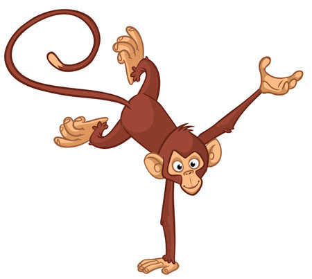 Cartoon funny monkey chimpanzee balancing on one hand or doind flip acrobatic handstand. Vector illustration of happy monkey character designのイラスト素材