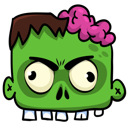 Cartoon angry zombie. Halloween vector illustration of funny zombie moaning with wide open mouth full of teeth. Great for decoration or package designのイラスト素材