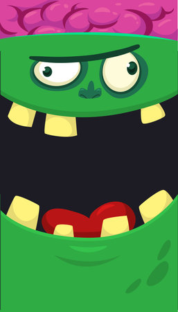 Cartoon angry zombie face avatar. Halloween vector illustration of funny zombie moaning with wide open mouth full of teeth. Great for decoration or package designのイラスト素材