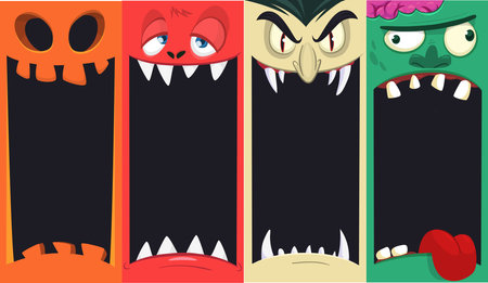 Halloween funny faces set of four characters. Cartoon heads of grim reaper, pumpkin Jack o lntern zombie, vampire and mummy. Vector illustration isolated. Party decoration or package designのイラスト素材
