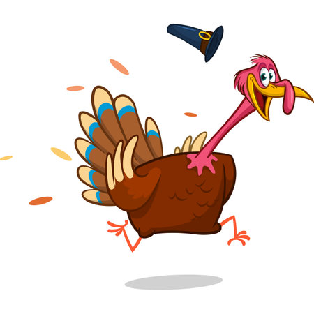 Cartoon thanksgiving turkey bird escape. Vector illustration isolated. Design for Thanksgiving Dayのイラスト素材