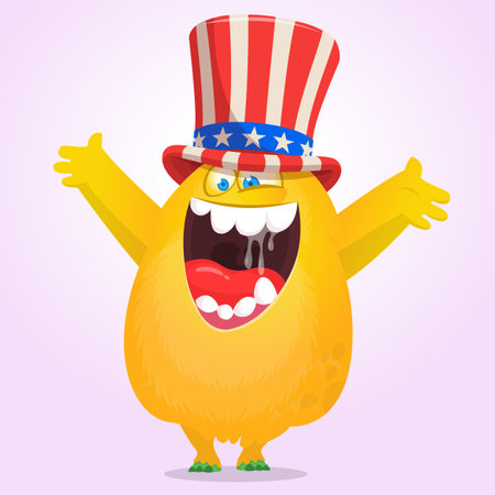 Cartoon funny monster wearing American uncle Sam hat on USA Independence Day . Vector illustration of alien creature character. Design for print, poster or invitation to 4th of July holidayのイラスト素材