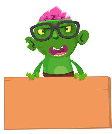 Cartoon zombie holding blank paper banner for text. Vector illustration. Isolated.Halloween design element for banner, postcard, posterのイラスト素材