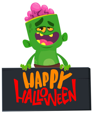 Cartoon zombie holding blank paper banner for text. Vector illustration. Isolated.
Halloween design element for banner, postcard, posterのイラスト素材