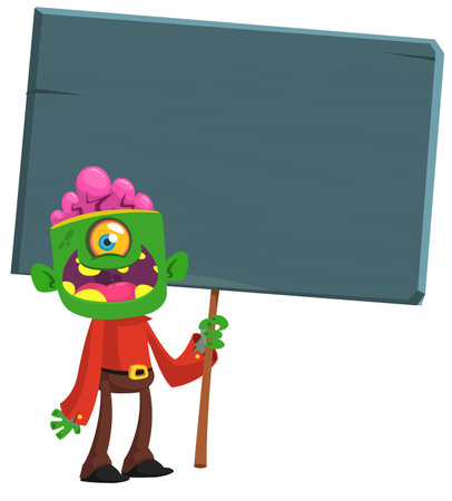 Cartoon zombie holding wooden sign. Vector illustration isolated. 
Halloween design element for banner, postcard, posterのイラスト素材