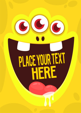 Cartoon monster face with funy expression opened mouth blank space banner for text. Vector illustration isolated. 
Halloween design element for banner or decoration partyのイラスト素材