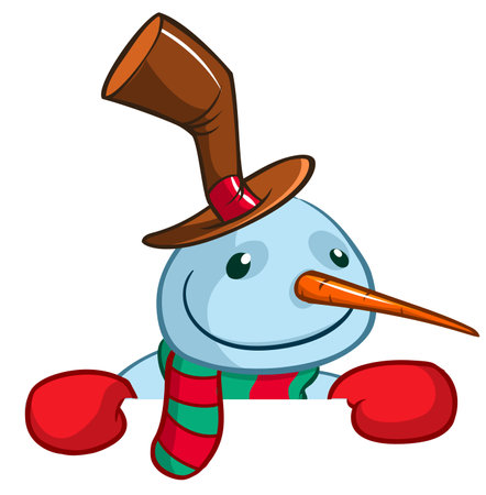 Funny snowman holding white page. Greeting Christmas card, vector illustration isolatedのイラスト素材