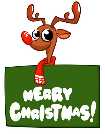 Cartoon funny red nose reindeer holding a blank paper board for Christmas or New Year greetings. Christmas illustration. Vector isolated.のイラスト素材