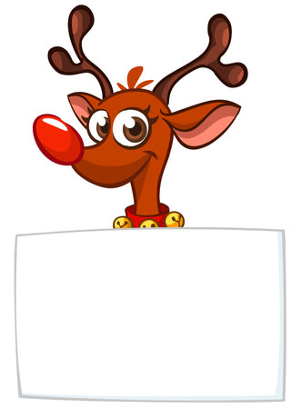 Cartoon funny red nose reindeer holding a blank paper board for Christmas or New Year greetings. Christmas illustration. Vector isolated.のイラスト素材