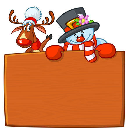 Funny snowman and reindeer holding white page. Greeting Christmas card, vector illustration isolatedのイラスト素材