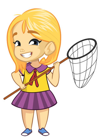 Cute cartoon little girl. Vector illustration of a teenager with butterfly net in her hands.のイラスト素材