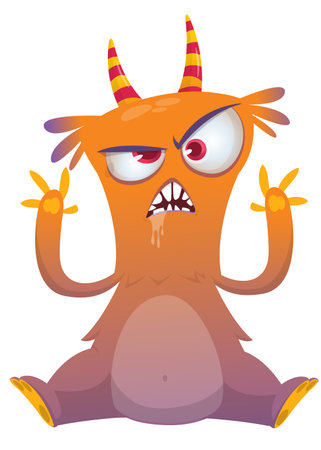 Cartoon happy monster with funny face expression sitting.  Vector illustration.のイラスト素材