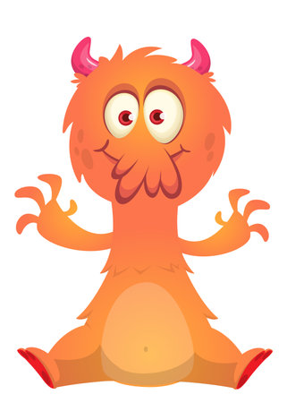 Cartoon happy monster with funny face expression sitting.  Vector illustration isolated on white. Great for Halloween party or package design.のイラスト素材