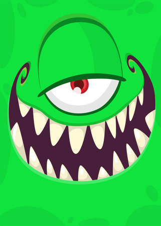 Funny cartoon monster face with one eye.  Illustration of cute and happy monster expression.
 Halloween design. Great for party decorationのイラスト素材