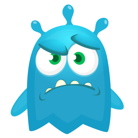 Cartoon ghost with funny excited face expression waving hands . Vector illustration isolated on white. Halloween design.のイラスト素材