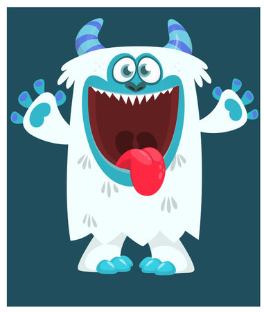 Cartoon cute monster yeti bigfoot with funny excited face expression waving hands.のイラスト素材