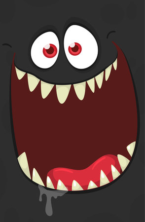 Funny cartoon monster face. Illustration of cute and happy monster expression. Halloween design.のイラスト素材